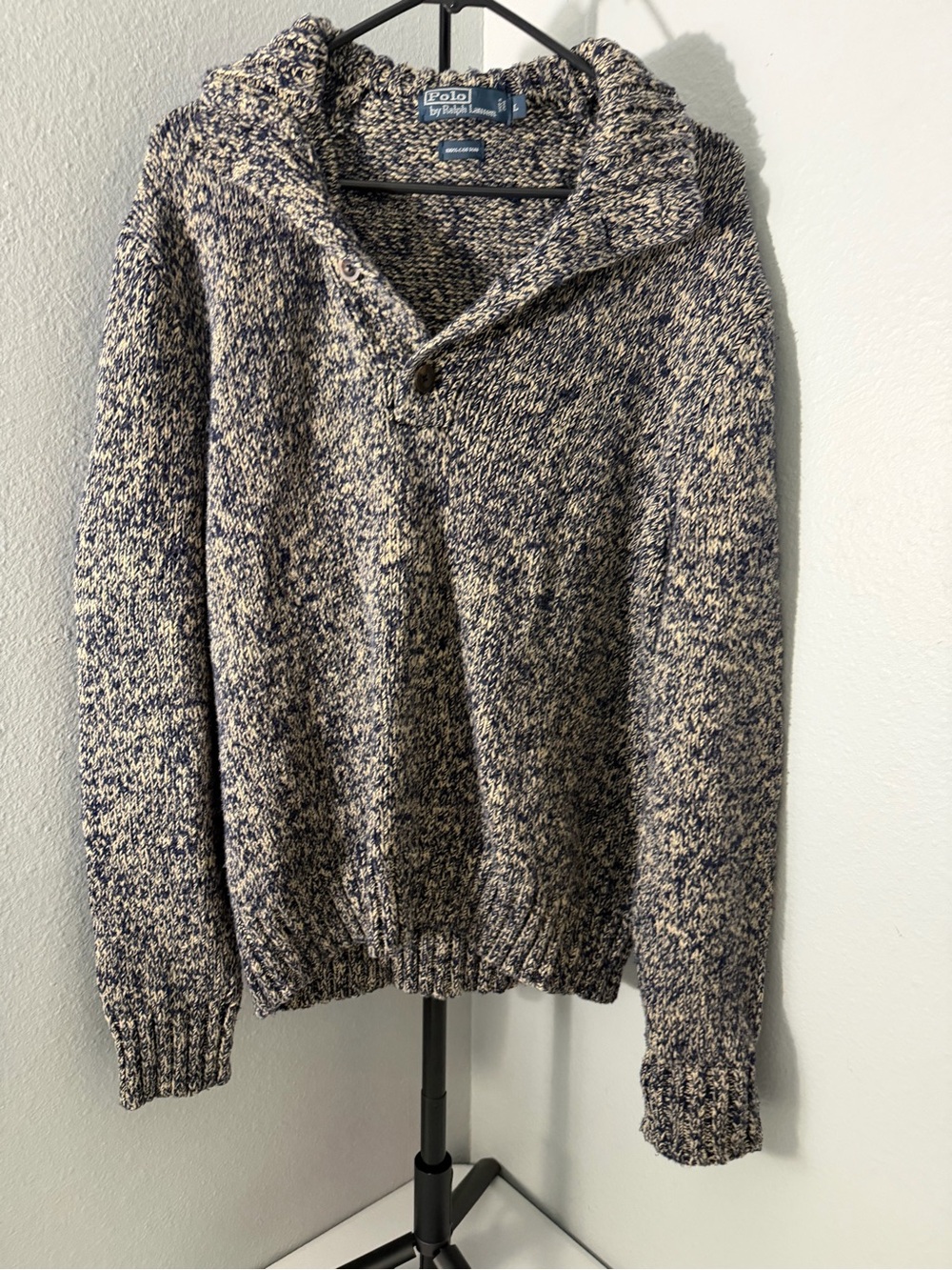 Polo by Ralph Lauren Navy & Cream Marled V‑Neck Shawl Sweater